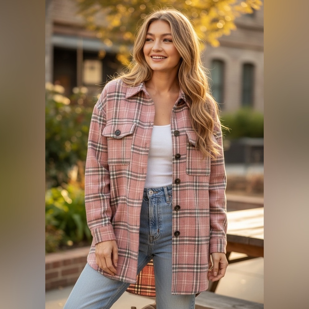 Yakita Womens Plaid Flannel Shirt Jacket Pink Button Down NWT Small